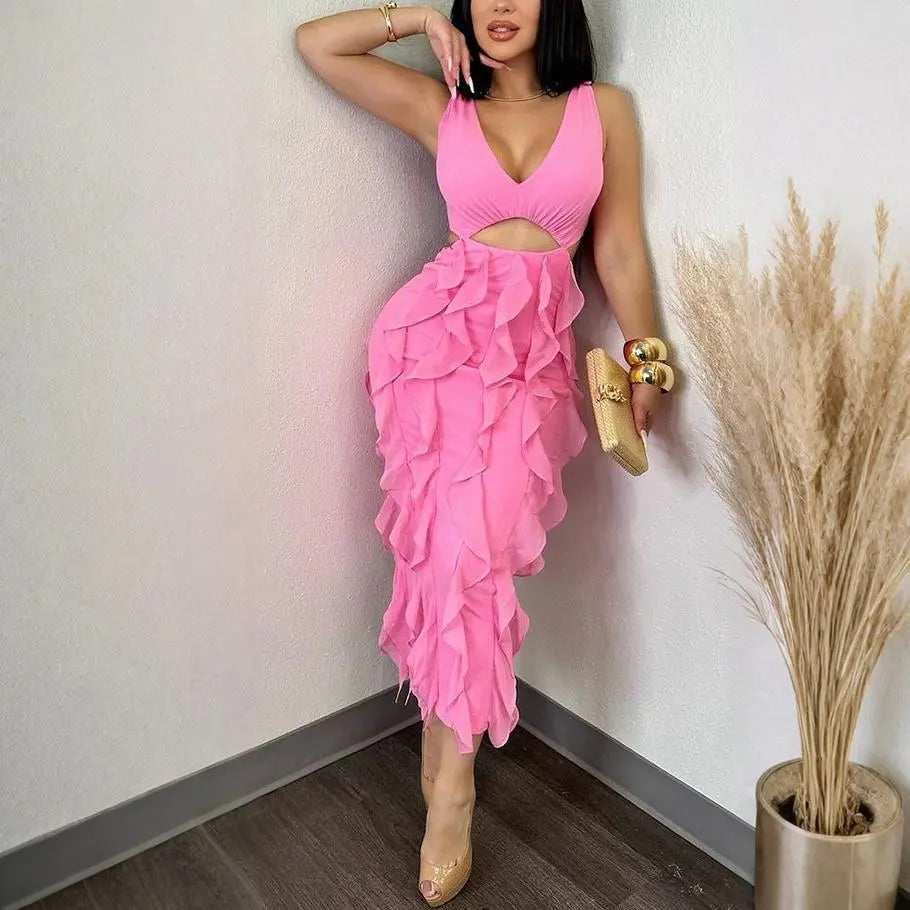 V Neck Sleeveless Cutout Ruffled Maxi Dress Split Solid Color Party Club Bella Mia