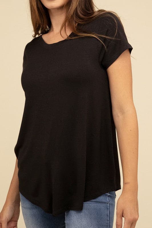 Flowy Round Hem Rayon Short Sleeve Top.