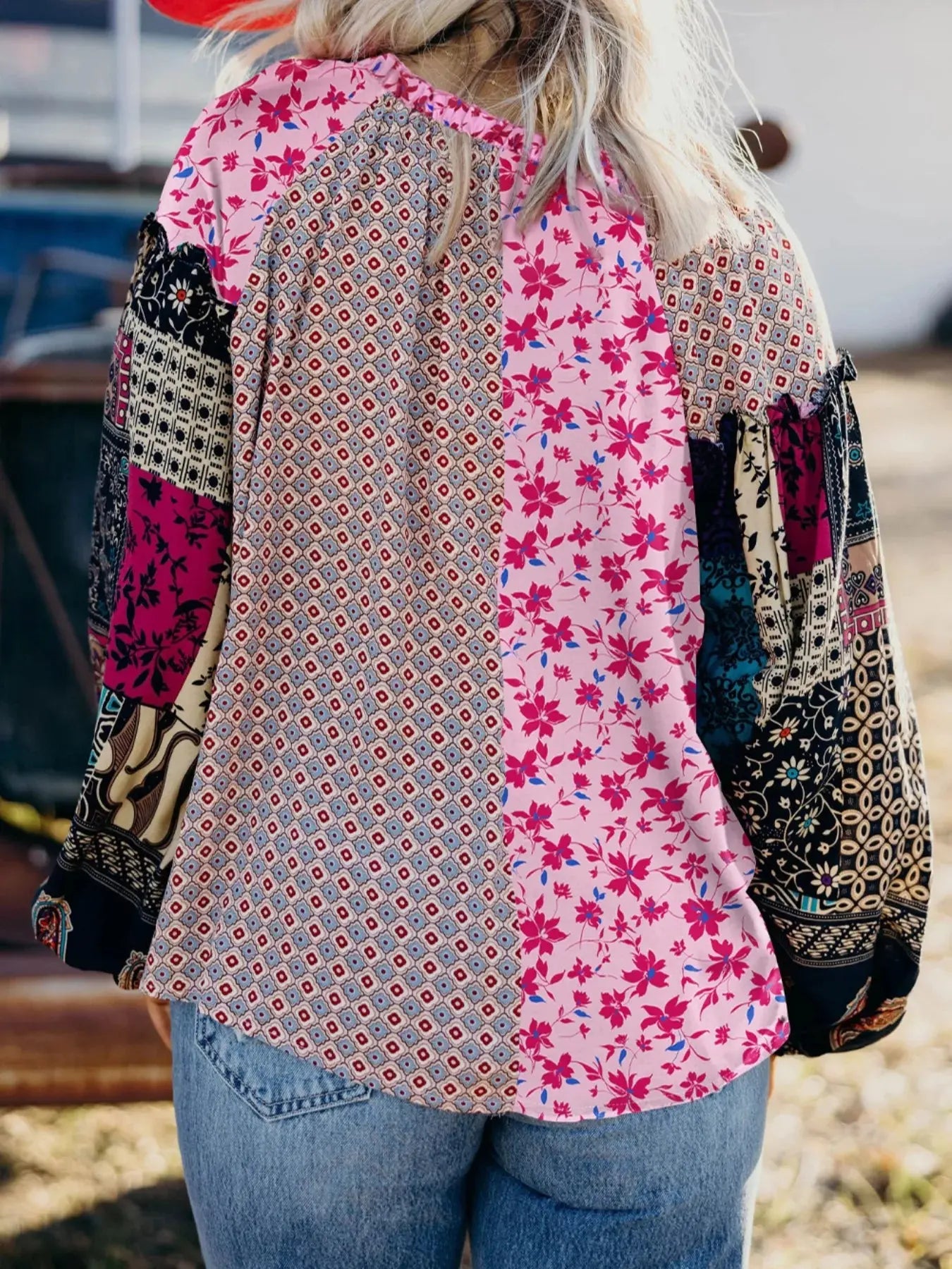 Boho Mixed Floral Drop Shoulder Bubble Sleeve Blouse Simply Love