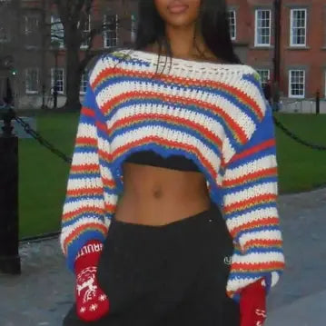 Fall Women Clothing Casual Personality Blue Stitching Long Sleeves Cropped Pullover Sweater Bella Mia