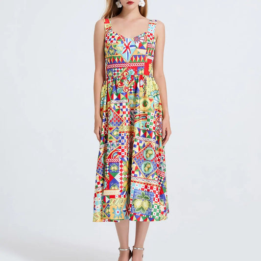 Women's Printed Spaghetti Strap Midi Dress With Elastic Back And High Waist Bella Mia