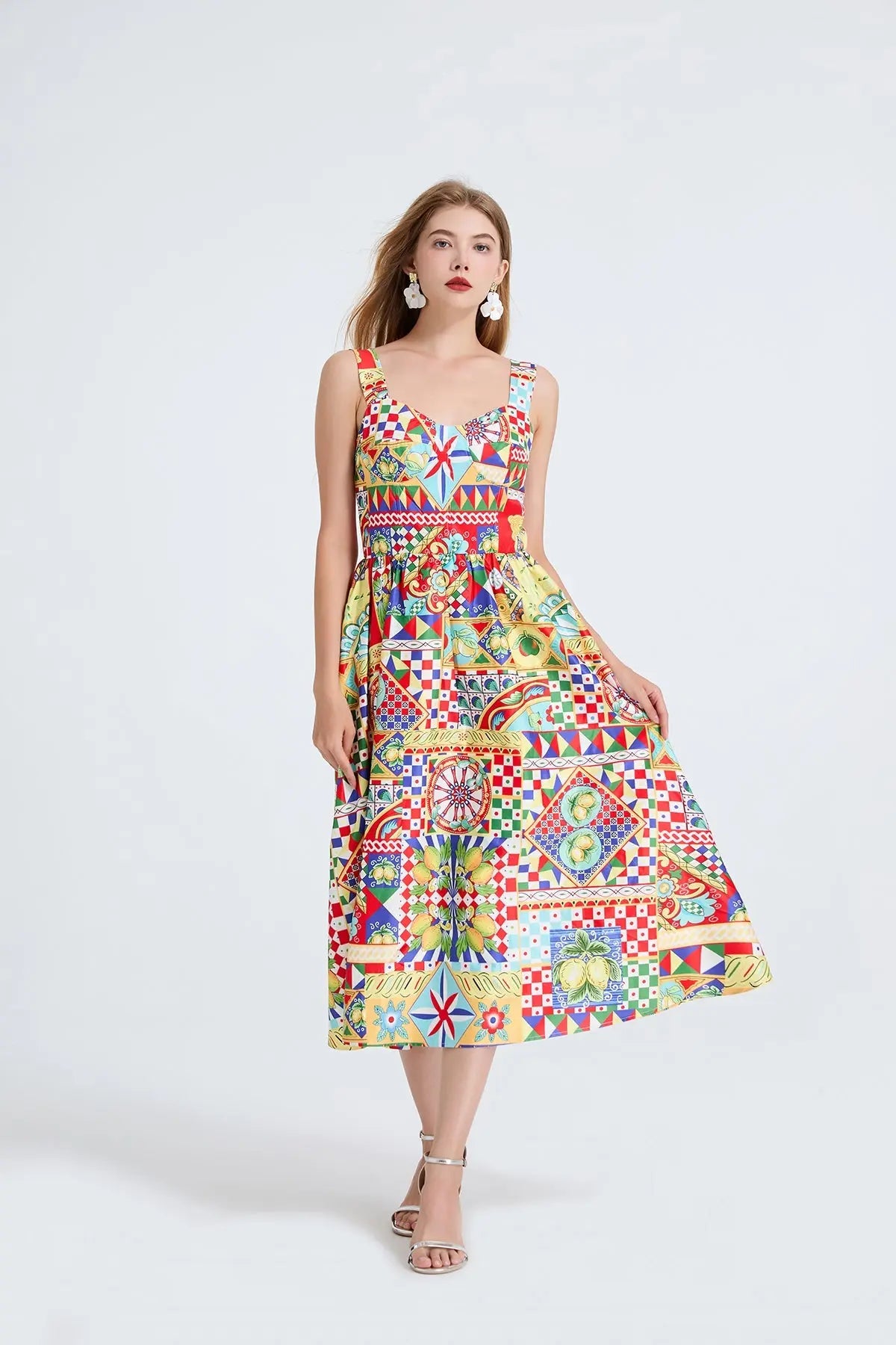 Women's Printed Spaghetti Strap Midi Dress With Elastic Back And High Waist Bella Mia