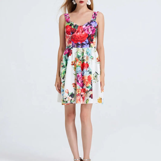 Floral Print Halter A Line Dress For Women With Elastic Back Straps V Neck Bella Mia