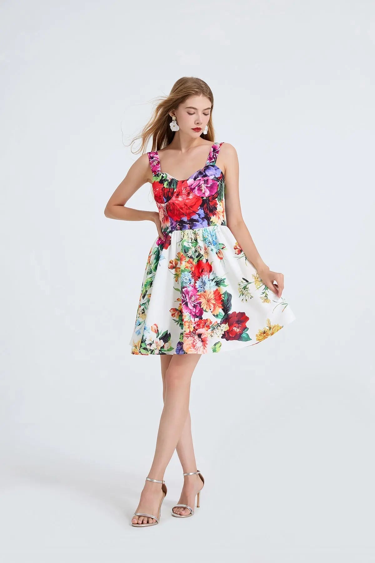 Floral Print Halter A Line Dress For Women With Elastic Back Straps V Neck Bella Mia