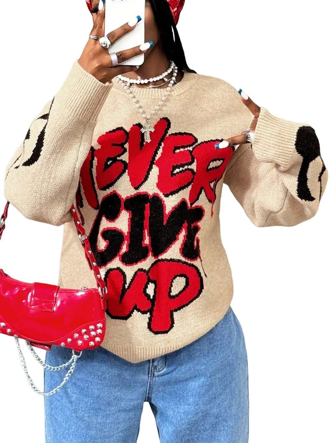 Women High Elastic Loose Long Sleeve Letters Pullover Knitted Sweater Bella Mia