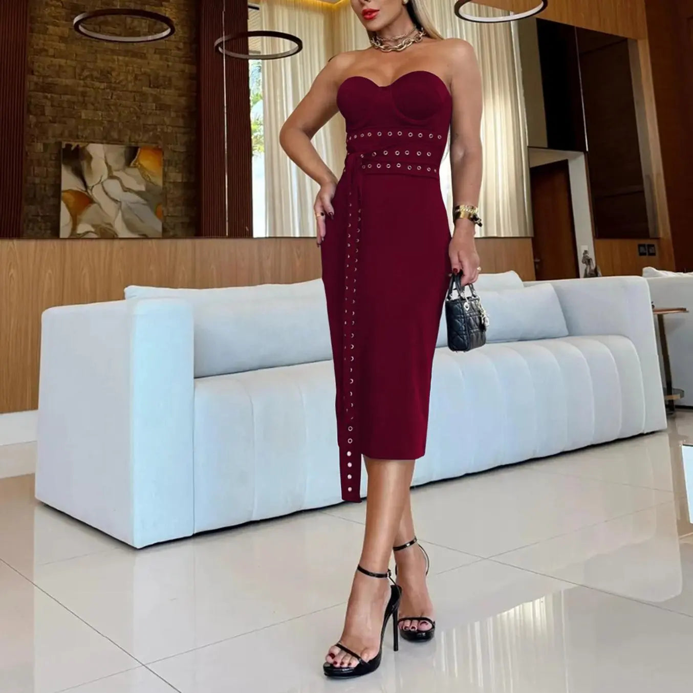 Sexy Sleeveless Polyester Bodycon Midi Dress With Zipper And Sweetheart Neckline Bella Mia