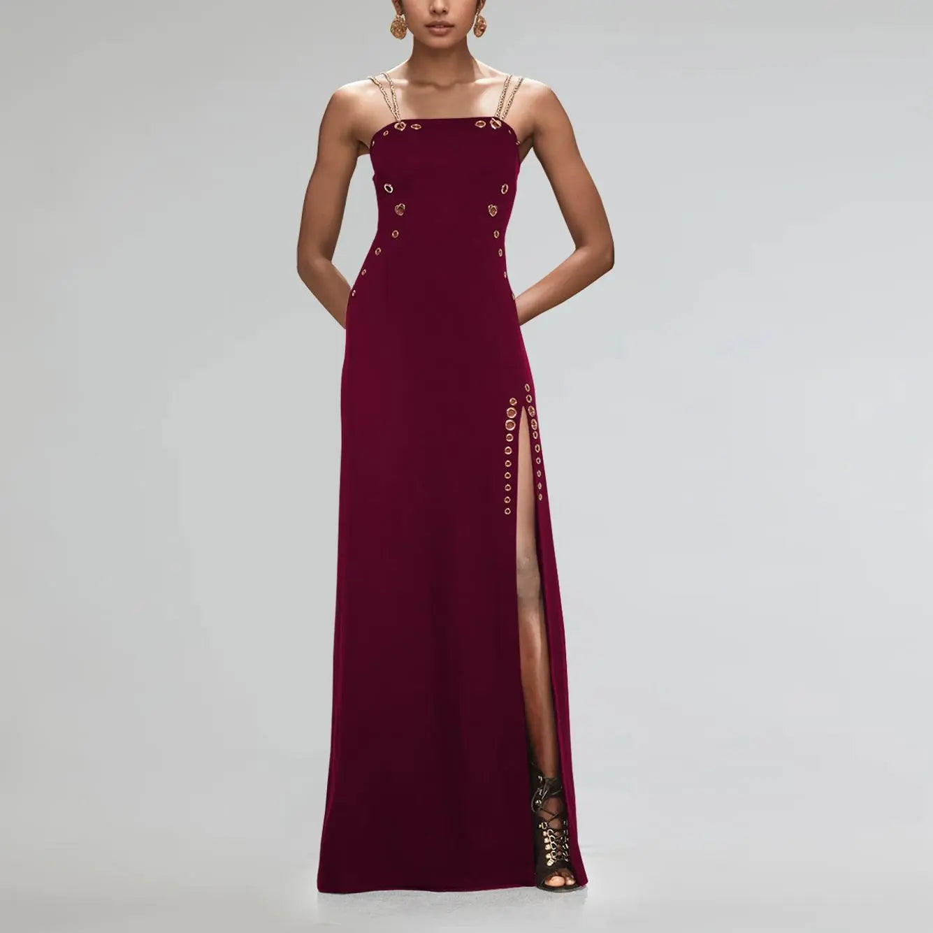 Elegant Gold Sleeveless Split Maxi Dress With Spaghetti Straps Bella Mia
