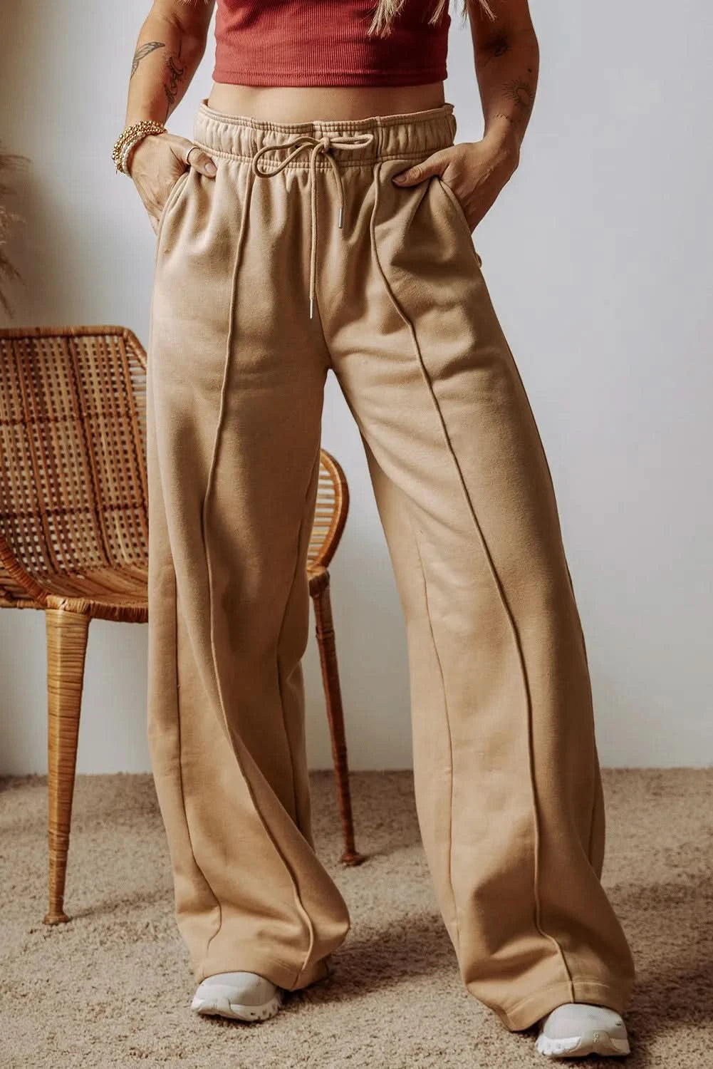 Wide leg drawstring trousers with pockets