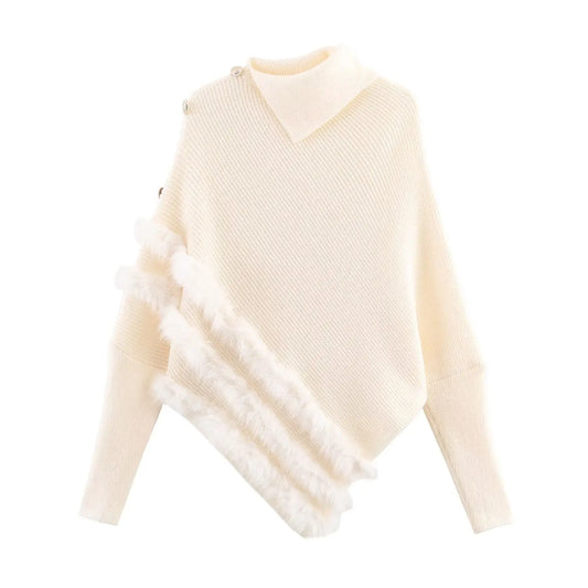 Irregular Asymmetric Turtleneck Long Sleeved Sweater Women Winter Furry Stitching Loose Sweater Top Bella Mia
