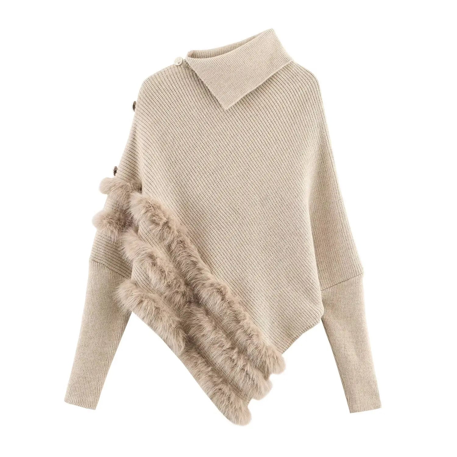 Irregular Asymmetric Turtleneck Long Sleeved Sweater Women Winter Furry Stitching Loose Sweater Top Bella Mia