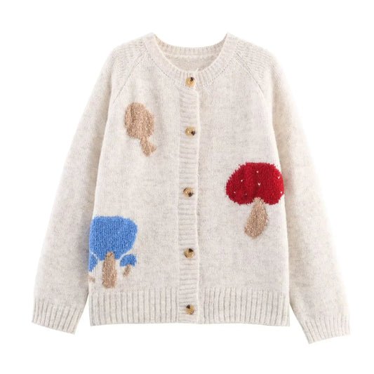 Mushroom Pattern Knitted Cardigan With Button Front Loose Fit Bella Mia