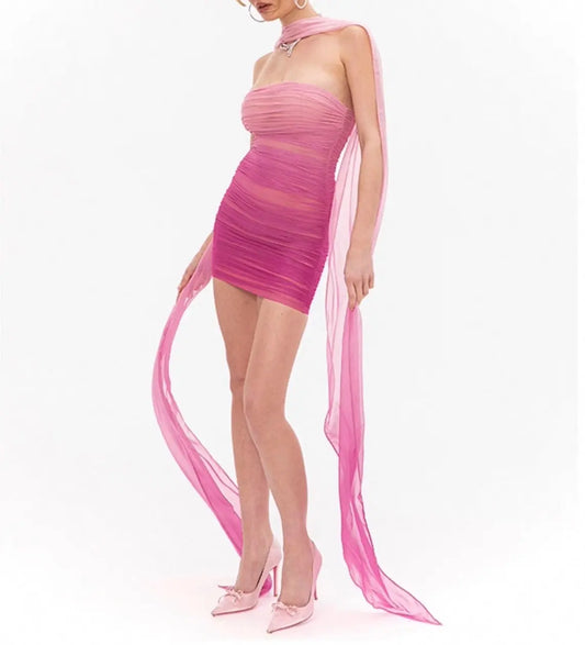 Holiday Gradient Pink Pleated Slim Fit Ribbon Tube Top Dress Elastic Wrapped Sexy Women Dress Bella Mia