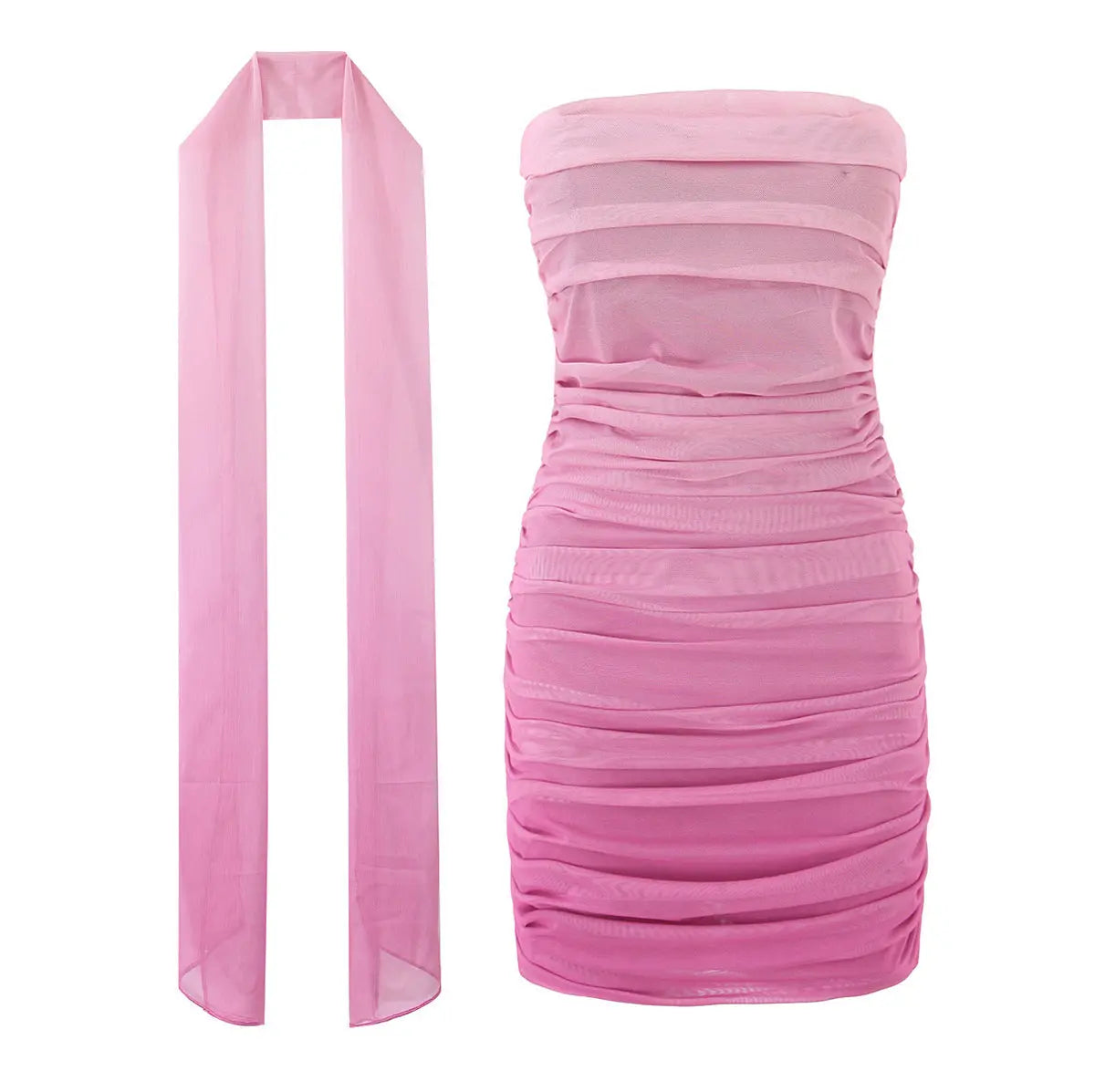 Holiday Gradient Pink Pleated Slim Fit Ribbon Tube Top Dress Elastic Wrapped Sexy Women Dress Bella Mia