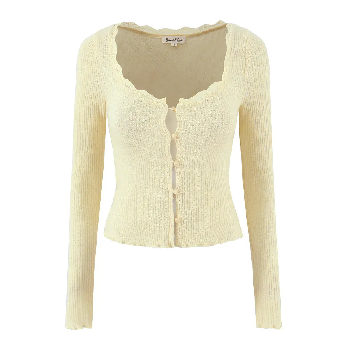 Women Clothing Spring Autumn Waist Light Yellow Lace Collar Knitted Cardigan Bella Mia