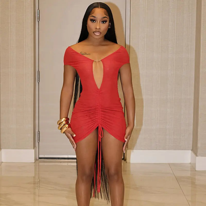 Women Clothing Autumn Solid Color Sexy off Shoulder Short Sleeve Backless Lace up Pleating Short Dress Bella Mia