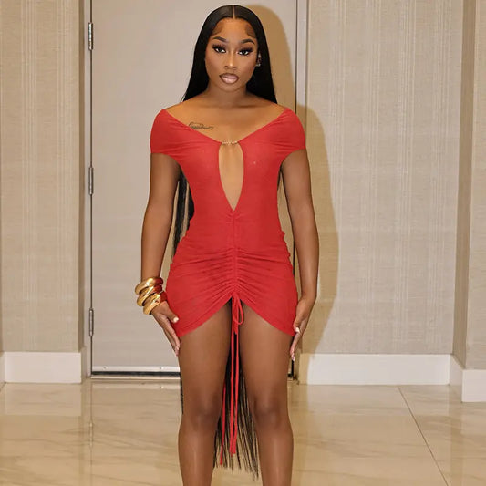 Women Clothing Autumn Solid Color Sexy off Shoulder Short Sleeve Backless Lace up Pleating Short Dress Bella Mia