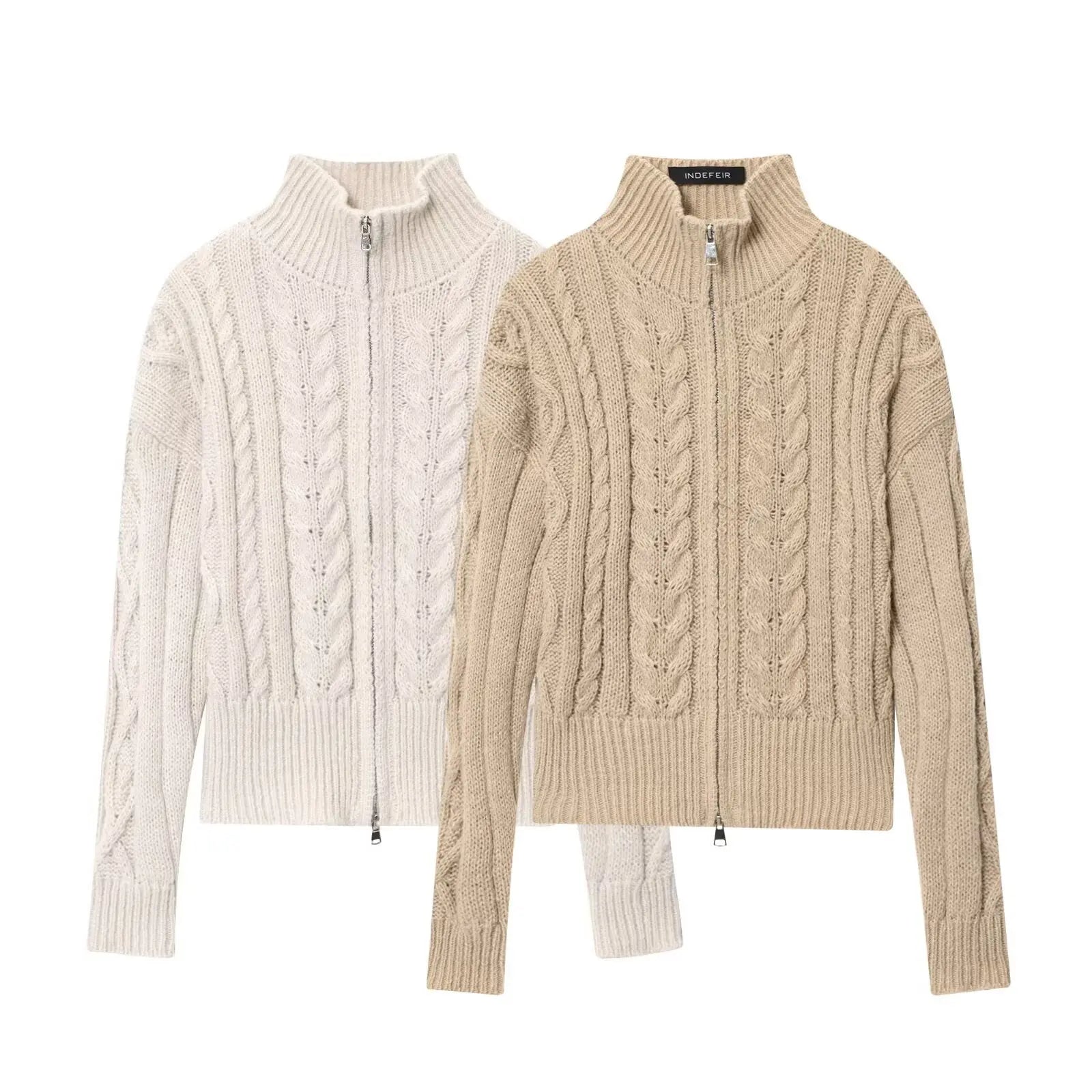 Women Idle Zipped Stand Collar Long Sleeve Twist Knitted Cardigan Bella Mia