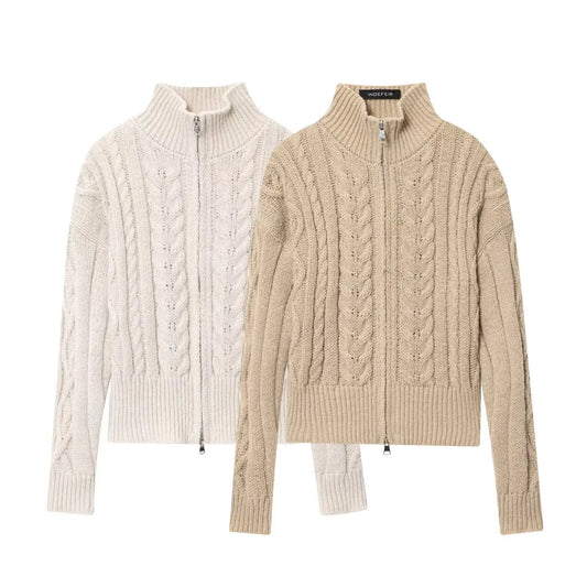 Women Idle Zipped Stand Collar Long Sleeve Twist Knitted Cardigan Bella Mia