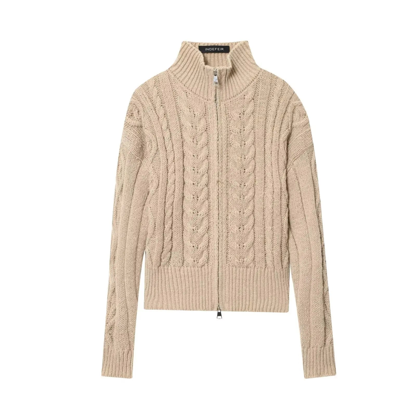 Women Idle Zipped Stand Collar Long Sleeve Twist Knitted Cardigan Bella Mia