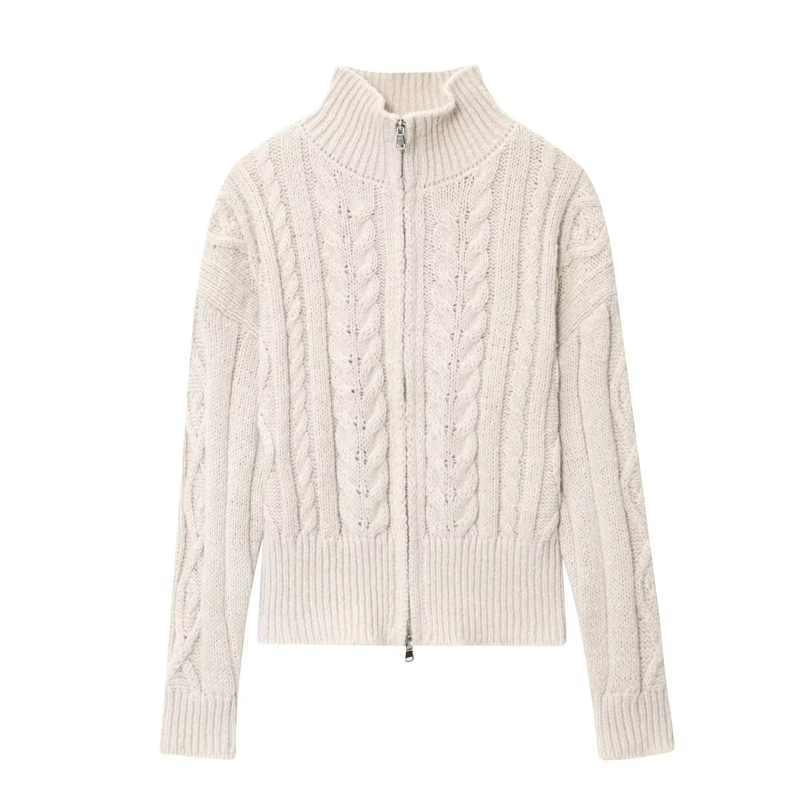 Women Idle Zipped Stand Collar Long Sleeve Twist Knitted Cardigan Bella Mia