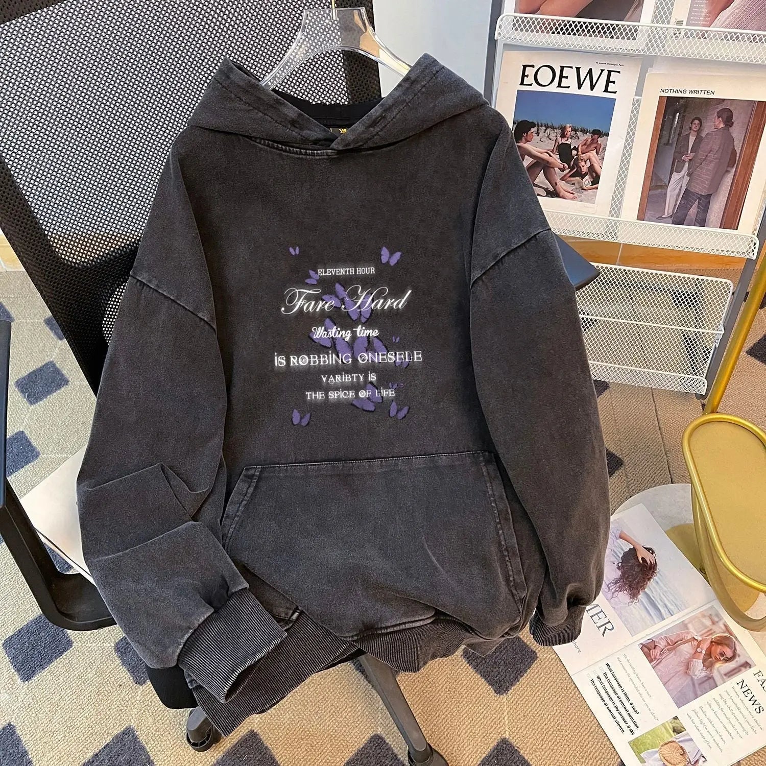 Retro Niche Printed Washed Oversize Thickened Composite round Neck Hooded Sweater Women Fleece Padded Coat Bella Mia