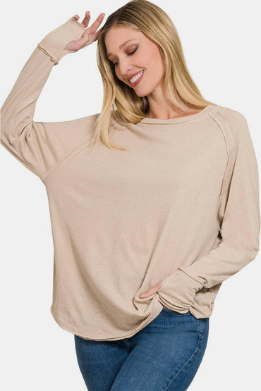 Zenana Round Neck Thumbhole Long Sleeve Top.