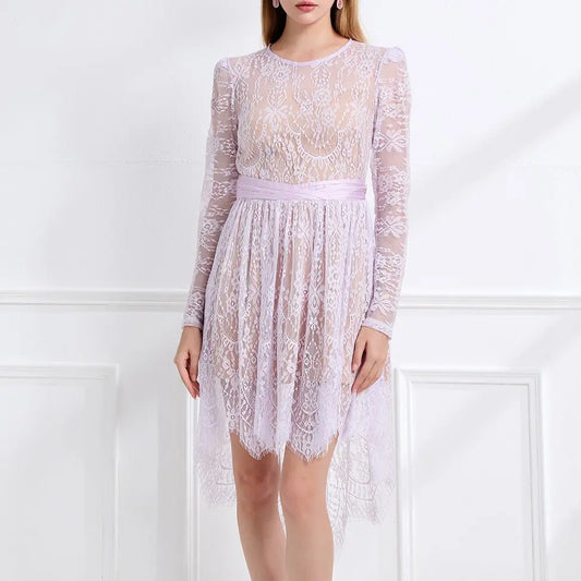 Elegant Lace Pleated High Low A Line Dress With Round Neck Sleeves Bella Mia