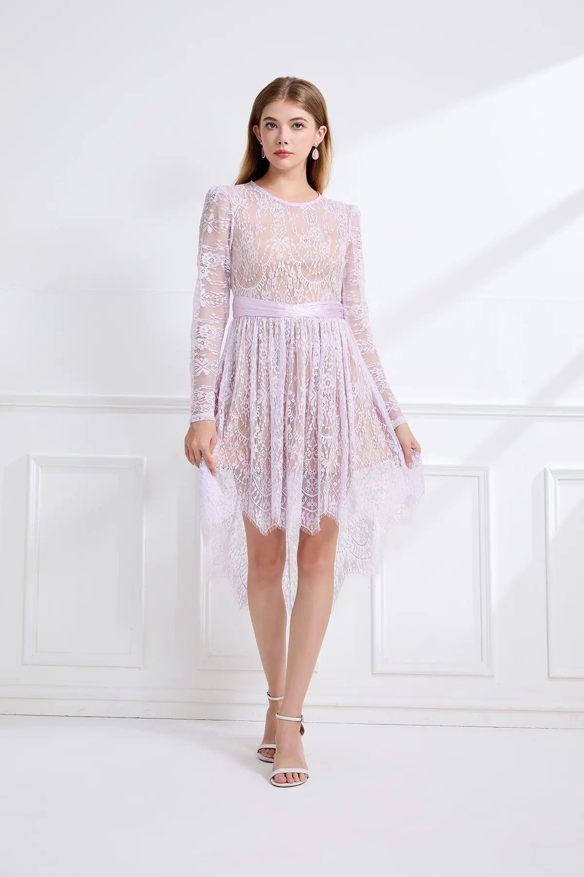 Elegant Lace Pleated High Low A Line Dress With Round Neck Sleeves Bella Mia