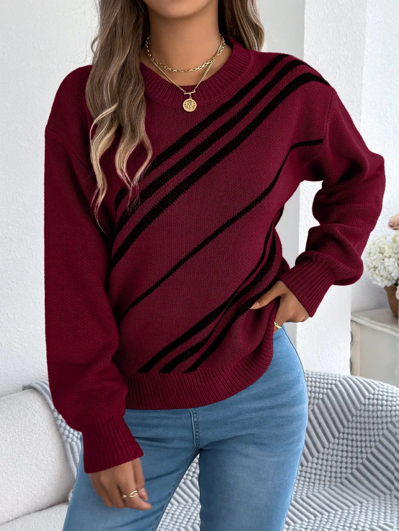 Women Clothing Autumn Winter Casual Striped round Neck Lantern Long Sleeve Pullover Bella Mia