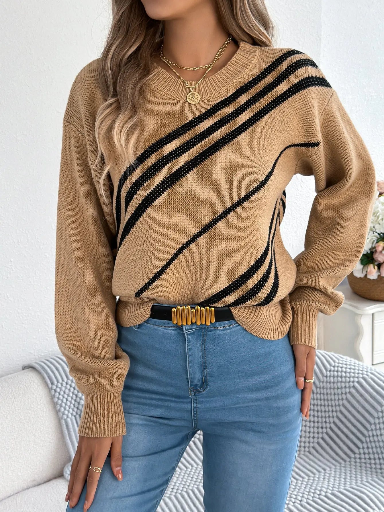 Women Clothing Autumn Winter Casual Striped round Neck Lantern Long Sleeve Pullover Bella Mia