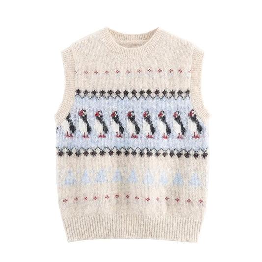 Women Autumn Korean Style Floral Jacquard Crew Neck Knitted Vest Top Bella Mia