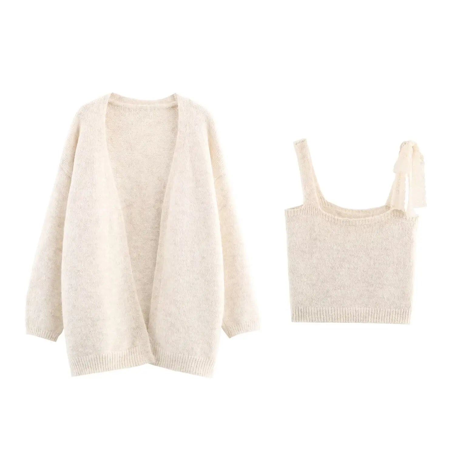 Women Lace Collared Blouse Shoulder Strap Two Piece Knitted Cardigan Set Bella Mia