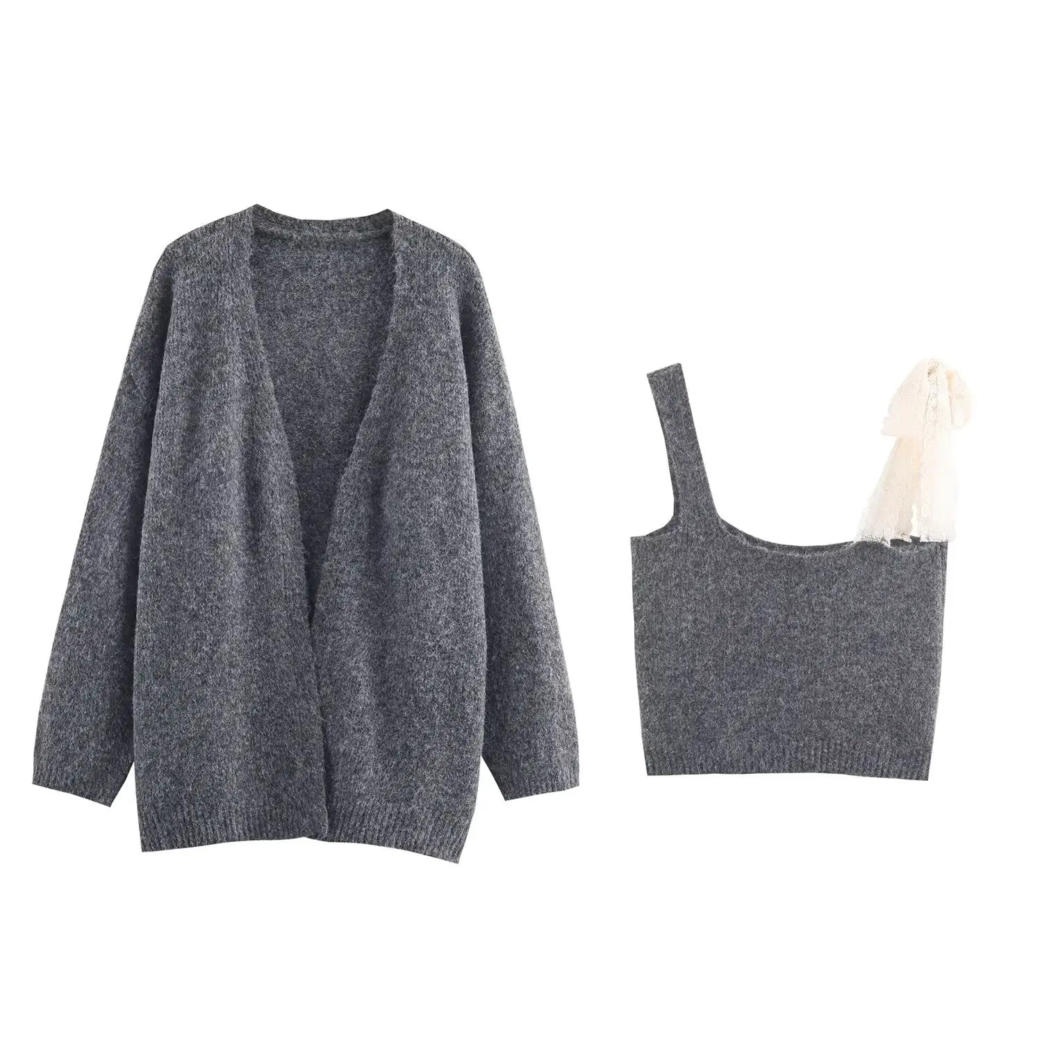 Women Lace Collared Blouse Shoulder Strap Two Piece Knitted Cardigan Set Bella Mia