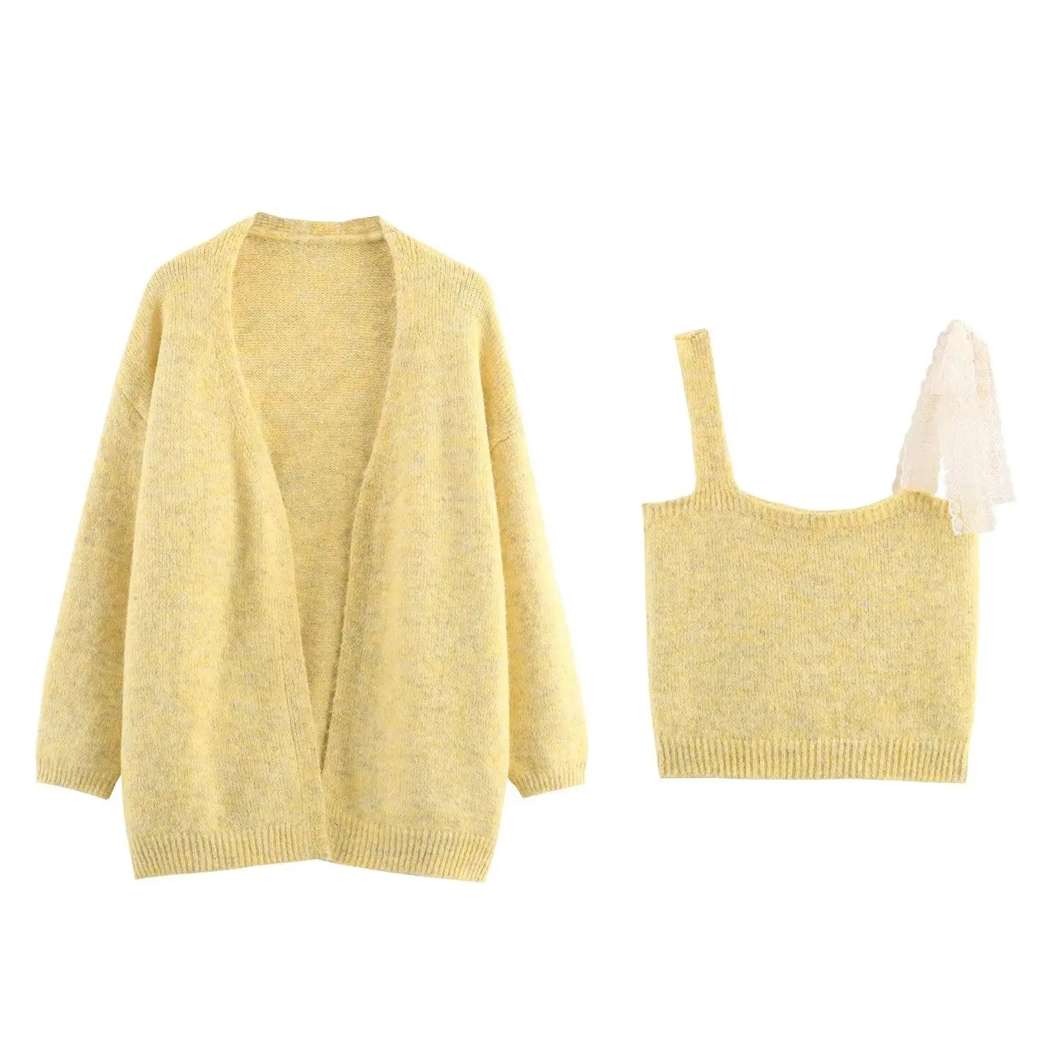 Women Lace Collared Blouse Shoulder Strap Two Piece Knitted Cardigan Set Bella Mia