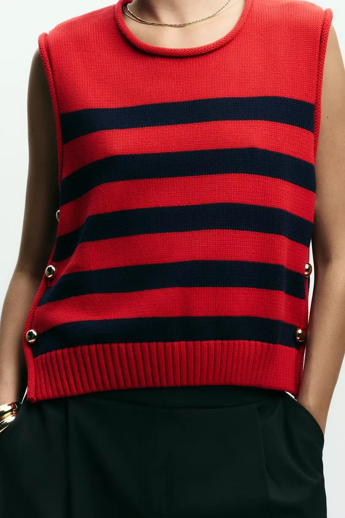 Women Autumn Thick Needle Vest Bandage Dress Button round Neck Sleeveless Waistcoat Knitted Striped Vest Bella Mia