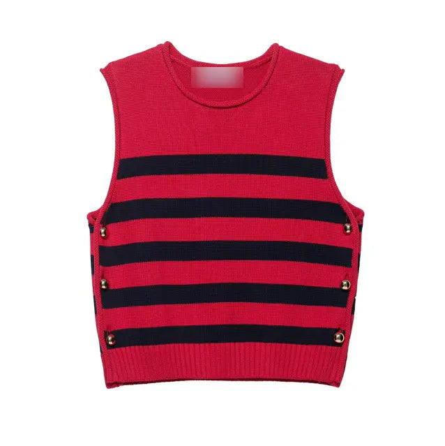 Women Autumn Thick Needle Vest Bandage Dress Button round Neck Sleeveless Waistcoat Knitted Striped Vest Bella Mia
