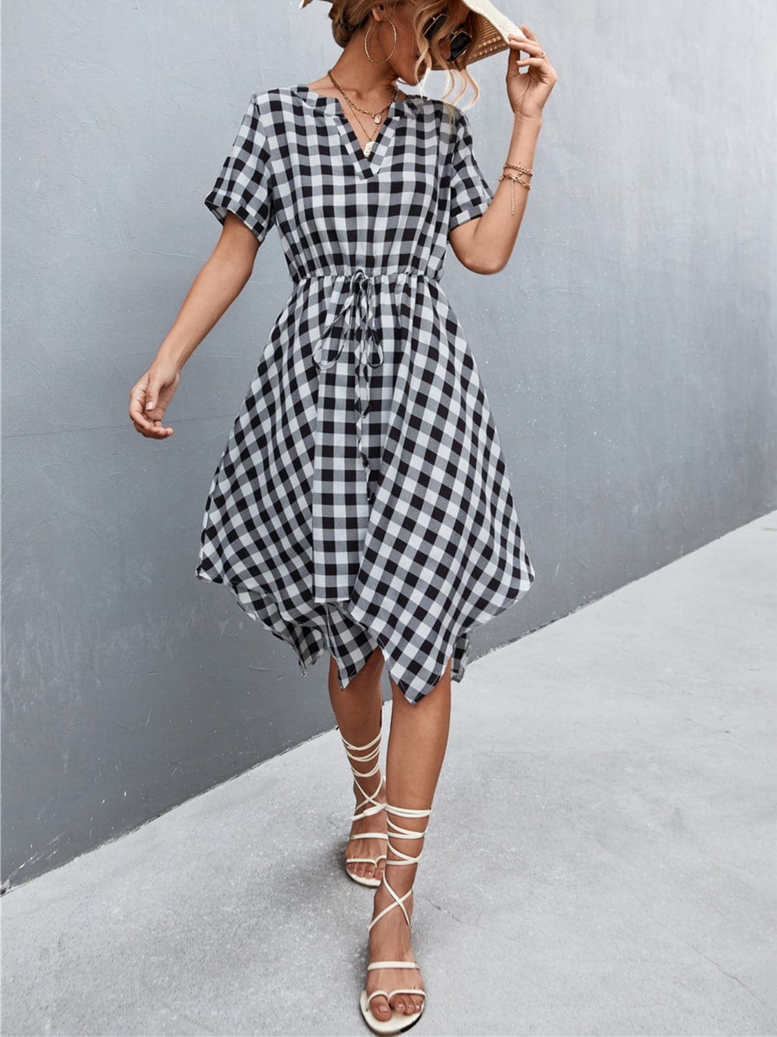 Plaid Notched Short Sleeve Dress.