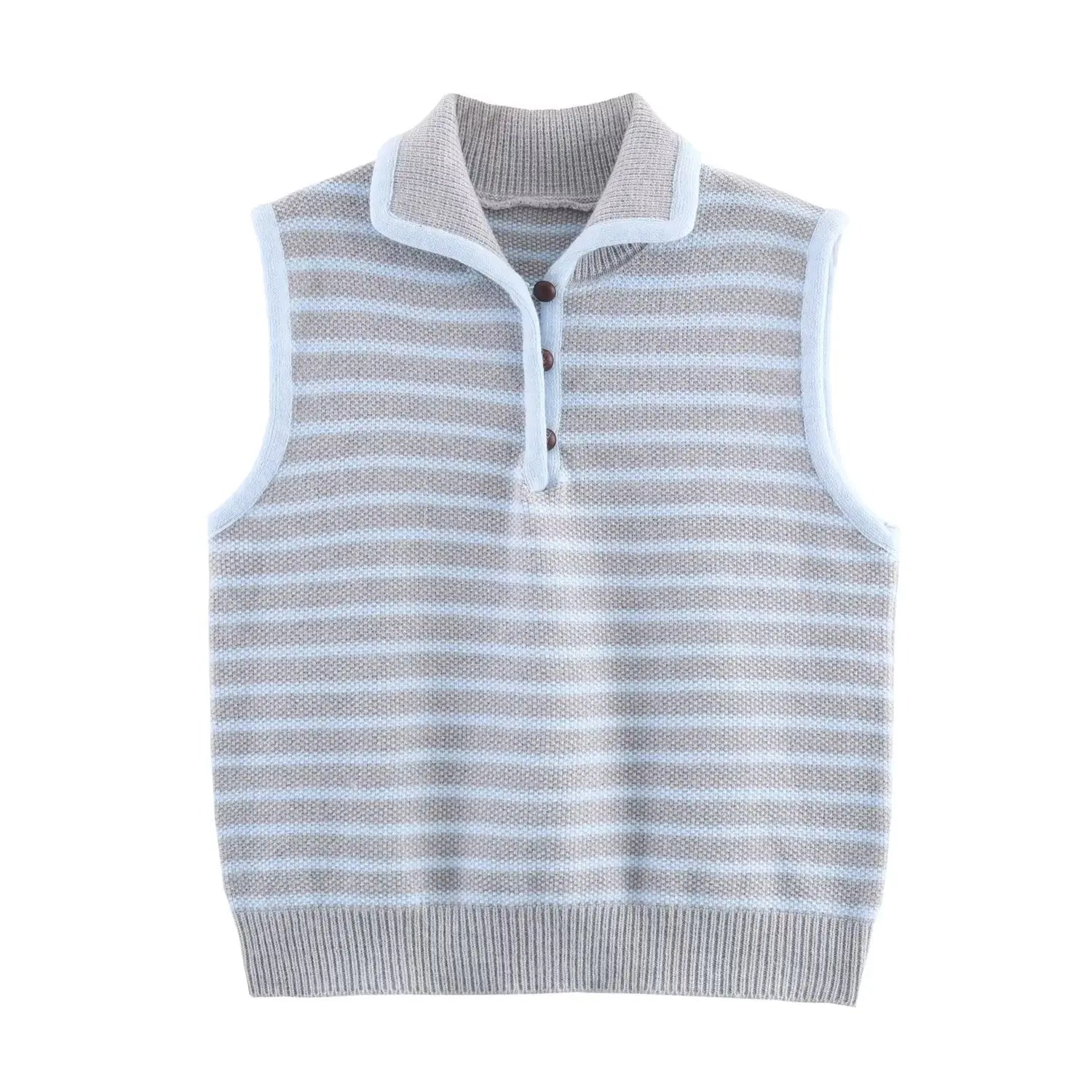 Women Clothing Fall Fresh Age Reducing Stripe Decoration Collared Short Vest Bella Mia