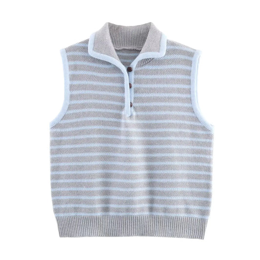 Women Clothing Fall Fresh Age Reducing Stripe Decoration Collared Short Vest Bella Mia