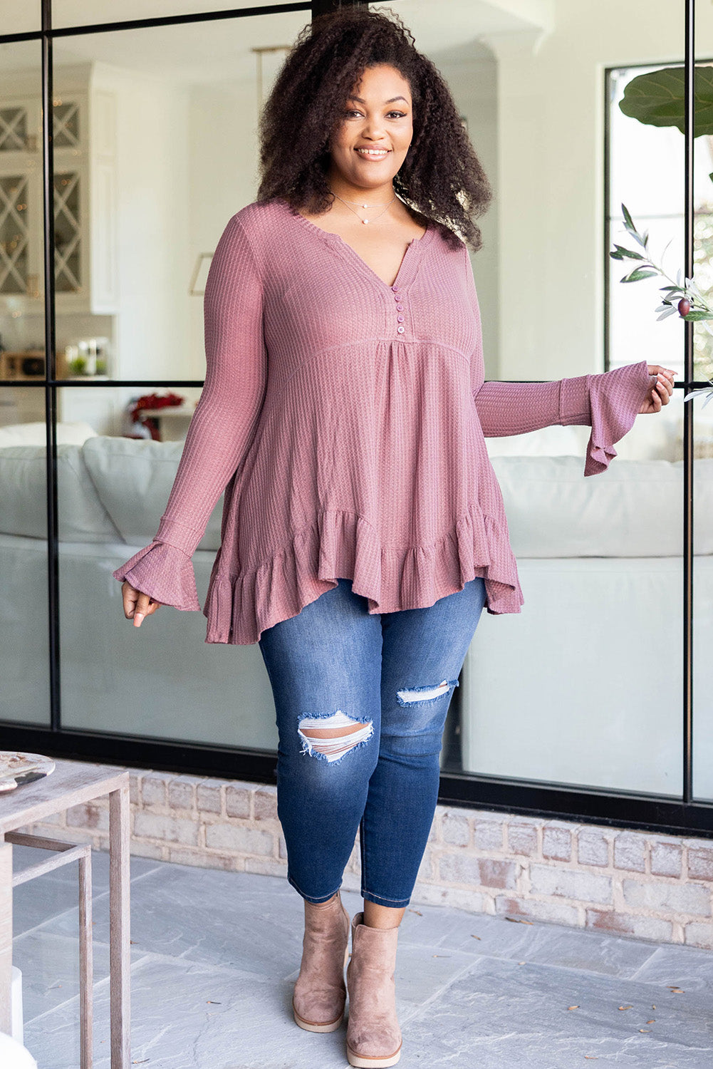 Chic pink plus size ruffled babydoll top in waffle knit