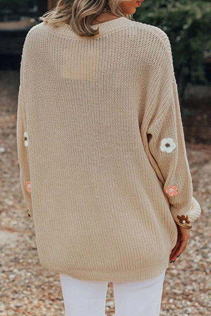 Floral print round neck long sleeve pullover sweater