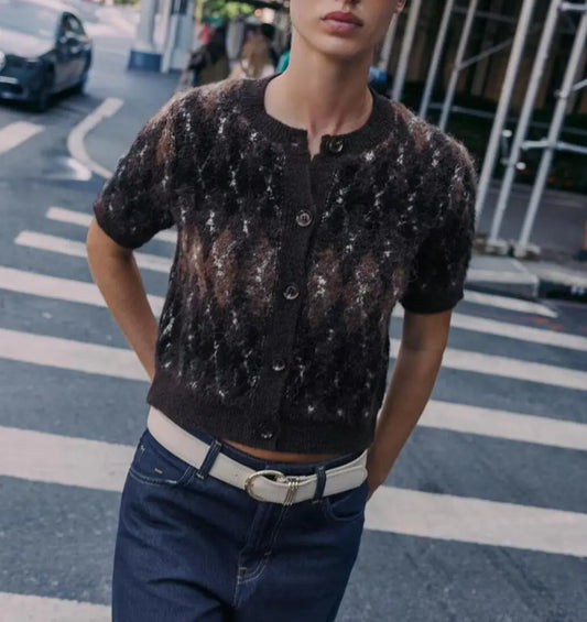 Women Clothing Autumn Beautiful Diamond Pattern Short Sleeve Knitted Coat Bella Mia