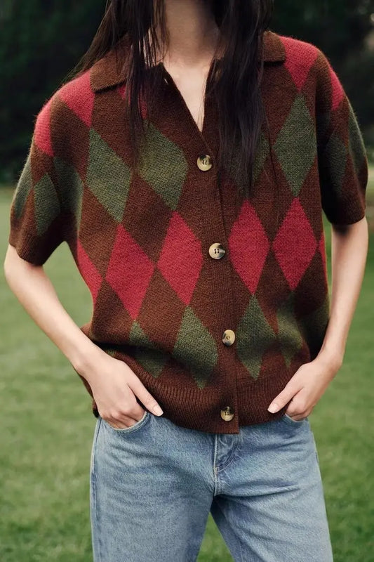 Autumn Diamond Pattern Knitted Polo Shirt Bella Mia