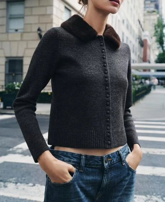 Fall Women Clothing Artificial Fur Effect Collared Knitted Coat Bella Mia