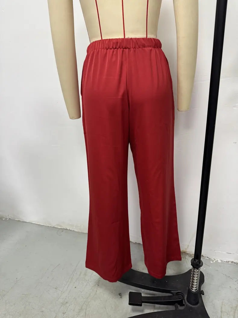 Women Clothing Trendy Autumn Satin Satin Casual Pants Loose Wide Leg Drawstring Long Pants Bella Mia