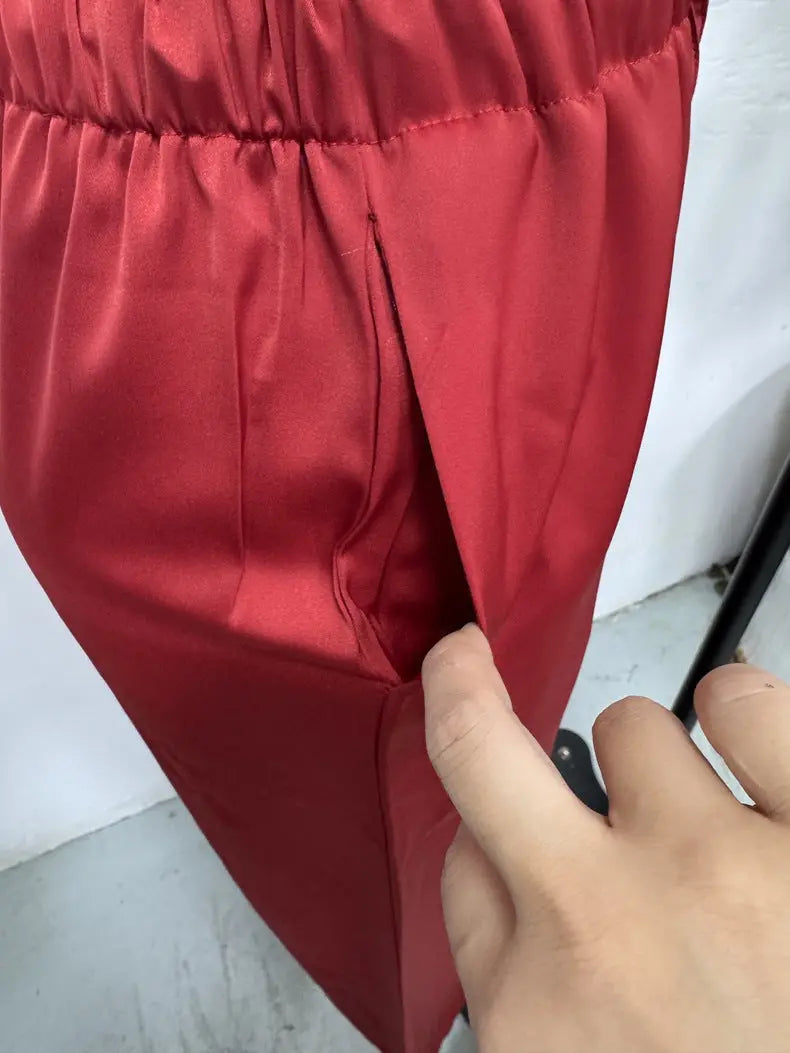 Women Clothing Trendy Autumn Satin Satin Casual Pants Loose Wide Leg Drawstring Long Pants Bella Mia