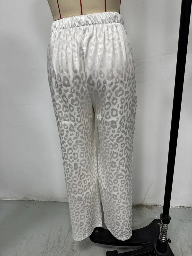 Women Clothing Autumn Satin Casual Pants Drawstring Leopard Print Mop Wide Leg Pants Long Pants Bella Mia