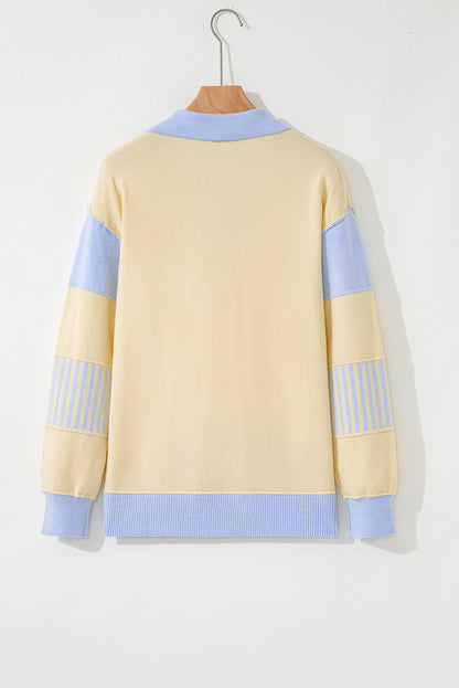 Sky Blue Stripe Color Block Knit Polo Collar Sweater