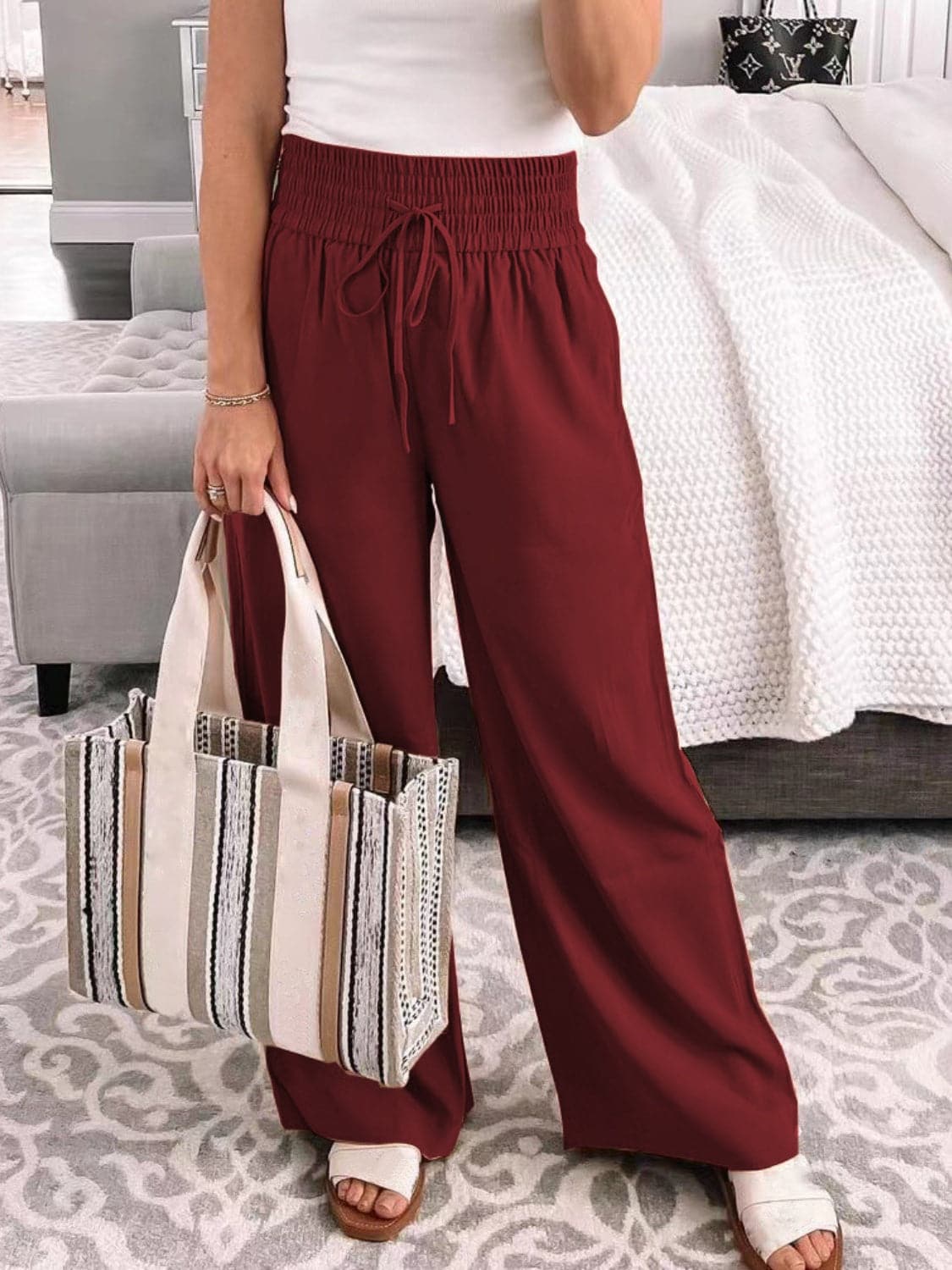 Full Size Drawstring High Waist Wide Leg Pants.