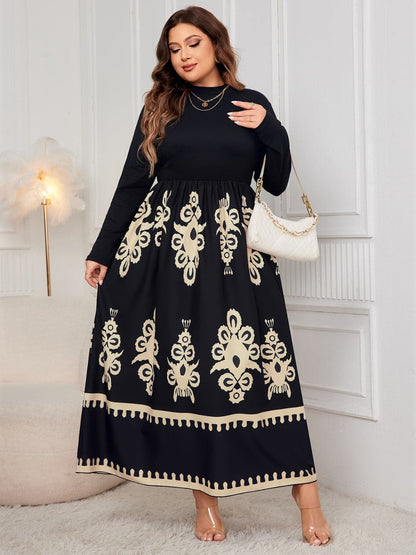 Plus Size Printed Mock Neck Long Sleeve Dress.